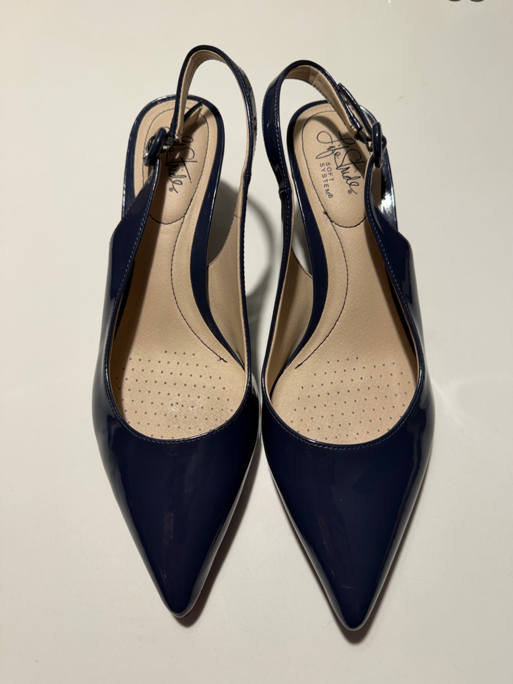 LifeStride Pearla Navy Patent Slingback Pumps Pointed Toe Soft System 9.5M